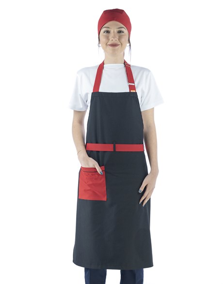 Siyah Üzerine Kırmızı Kemer - Askılı Aşçı ve Mutfak Önlüğü